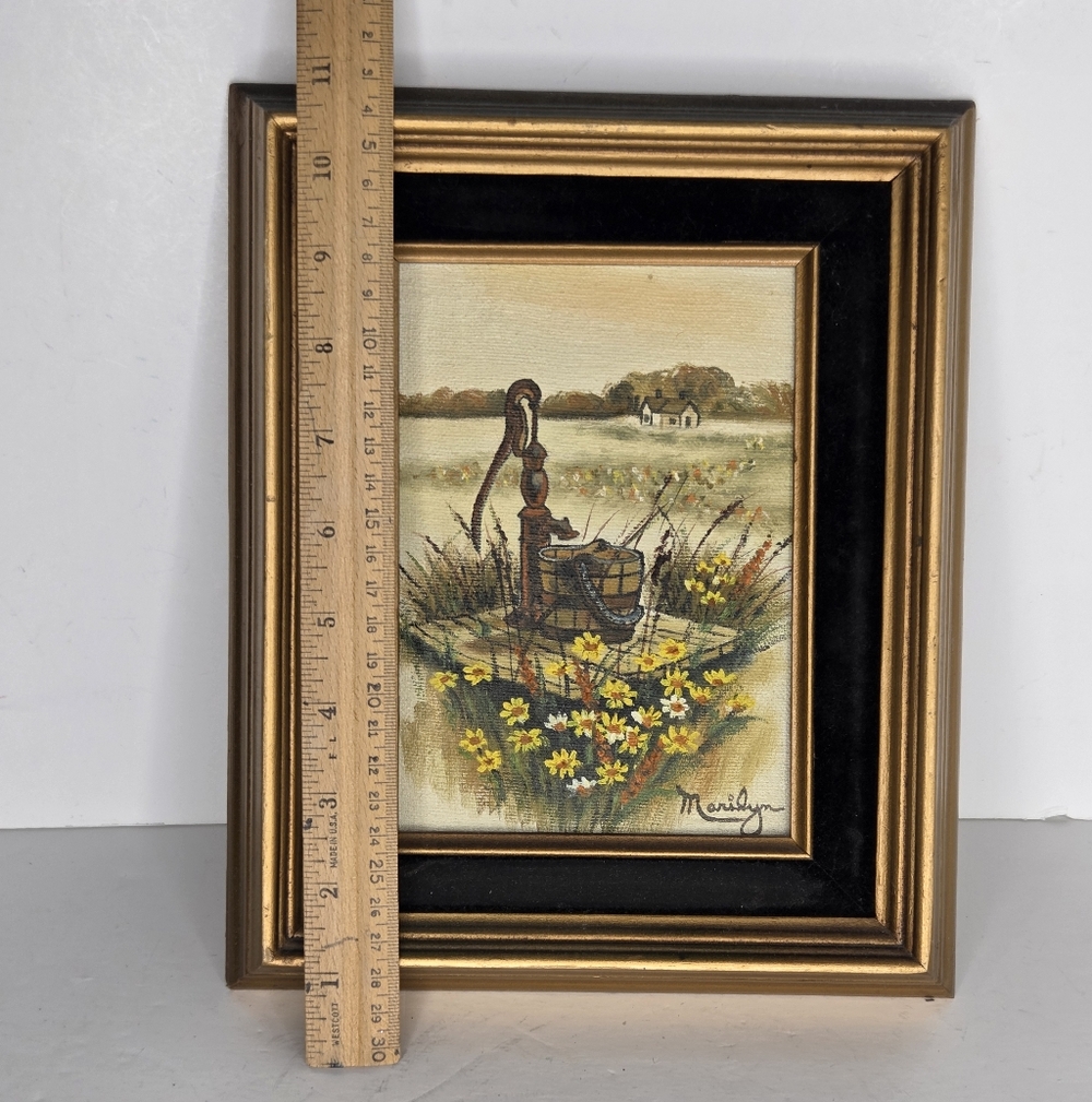 VTG Landscape Oil Painting Countryside Water Well Yellow Daisies Framed Marilyn - Picture 6 of 8